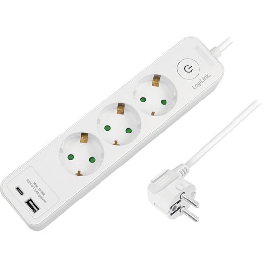 LogiLink Steckdosenleiste 3-fach + Schalter - 1x USB-A - 1x USB-C - 1,5 m - Weiß