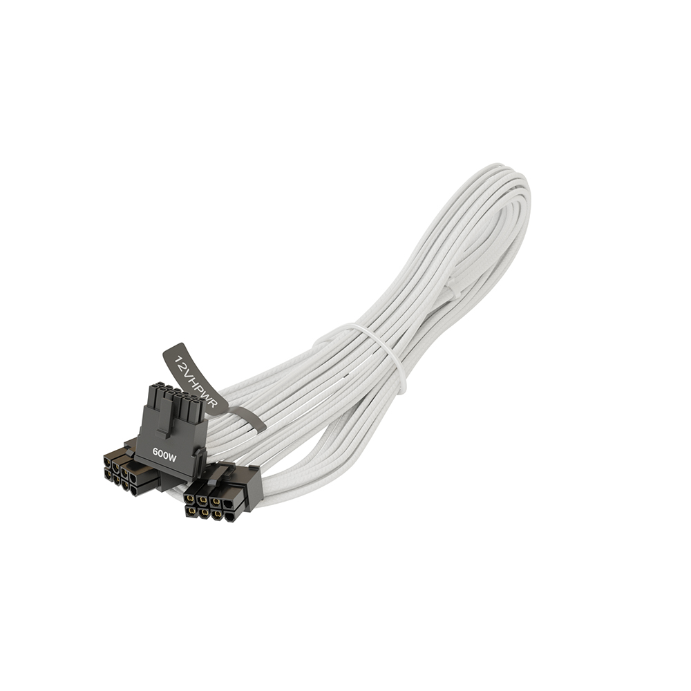 Seasonic 12VHPWR Cable, 600W PCIe 5.0 12VHPWR, 2x 8-Pin PCIe Stecker auf 16-Pin PCIe 5.0 12VHPWR Stecker, Adapterkabel, weiß, 90° gewinkelt, 75cm 